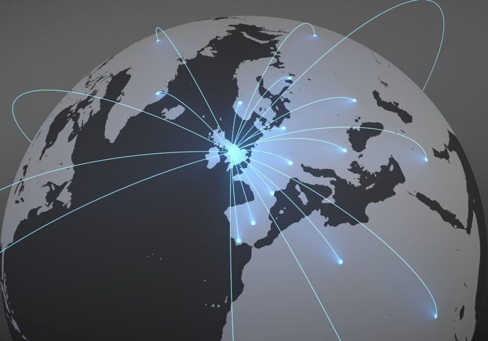 Shipments to the whole world from United Kingdom. Image of the world with illuminated connections. 3D Illustration.