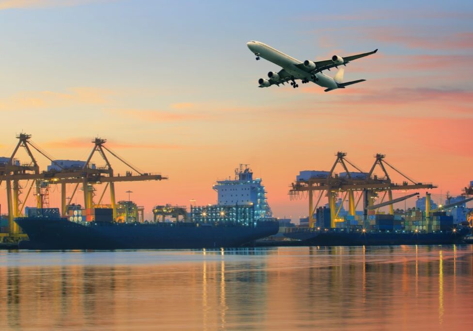Cargo,Plane,Flying,Above,Ship,Port,Use,For,Transportation,And